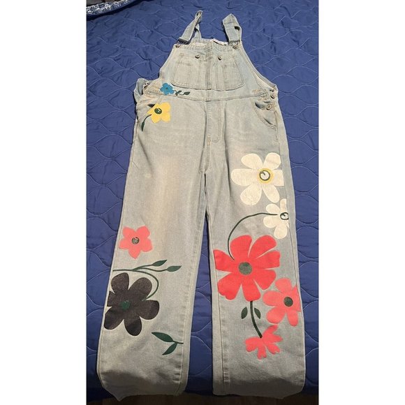 Misslook Floral Painted Denim Bib Overalls size XL - (fits Sz Large) Country - Picture 1 of 9